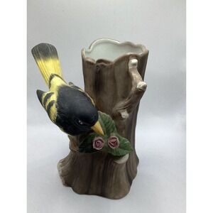 Vintage Bisque Ceramic Bird Vase Figurine Yellow Bird‎ Tree Trunk Korea